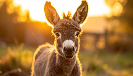 A curious baby donkey stands in a golden field, its fuzzy silhouette beautifully backlit by the warm glow of the setting sun. With a gentle and inquisitive gaze, this adorable farm animal embodies innocence and the peaceful charm of rural life.の素材