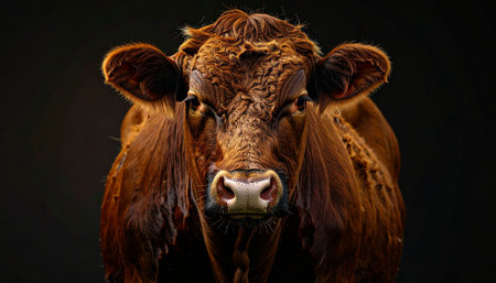 A stunning studio portrait captures the intense and soulful gaze of a majestic brown cow. Isolated against a stark black background, the dramatic lighting highlights the rich texture of its coat and its powerful, dignified presence, symbolizing strength and the rustic beauty of farm life.の素材
