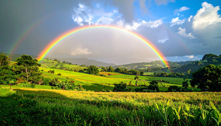 After a passing storm, a brilliant and complete rainbow emerges, arching majestically over a sun-drenched rural valley. The vibrant colors stand out against a dramatic sky, casting a magical glow on the lush green hills and fields, symbolizing hope, promise, and the serene beauty of natures wonders.の素材