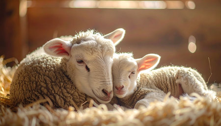 In the quiet warmth of a rustic barn, a mother sheep tenderly embraces her newborn lamb. Bathed in soft, golden sunlight filtering through the hay, this peaceful scene captures the pure, unconditional love and gentle bond of family in the serene countryside.の素材