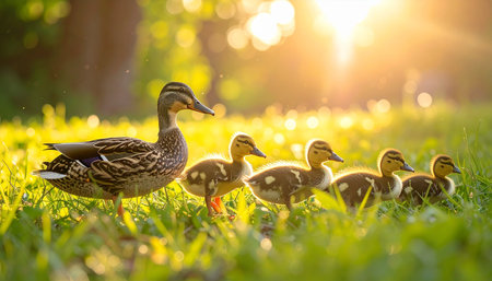 A mother mallard duck carefully leads her line of fluffy ducklings across a vibrant green lawn. Bathed in the warm, golden glow of a setting sun, this tender moment captures the essence of family, guidance, and the serene beauty of natures new beginnings.の素材