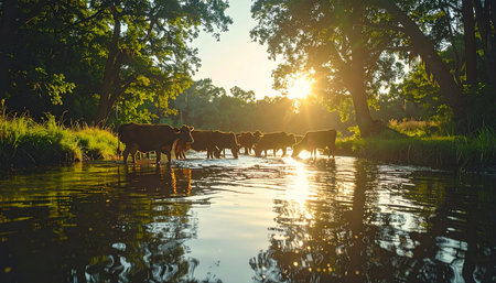 A herd of cattle finds cool respite in a gentle river as the day ends. The setting sun casts a warm, golden glow over the water, creating long reflections and a peaceful, silhouetted scene of rural tranquility and harmony with nature.の素材