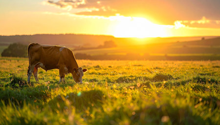 As the sun dips below the horizon, casting a warm golden glow across the rolling hills, a lone cow grazes peacefully in the lush pasture. This tranquil scene captures the serene beauty of rural life and the simple harmony between nature and agriculture.の素材