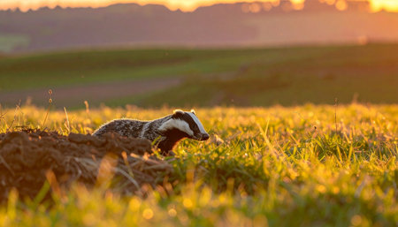 A wild European badger cautiously peeks from its sett, its black and white fur illuminated by the warm, golden light of a beautiful sunset. This shy nocturnal mammal is captured in a serene moment in a lush green meadow, ready to begin its nightly forage.の素材