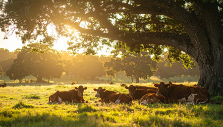 As the sun dips low, casting a warm golden glow across the landscape, a herd of cattle finds peaceful repose under the sprawling branches of an ancient oak tree. This tranquil rural scene captures a moment of quiet harmony in the countryside, embodying the gentle rhythm of farm life at dusk.の素材