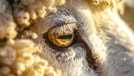 A stunning macro photograph captures the intricate detail of a sheeps golden eye. The horizontal pupil reflects a vast, open landscape, offering a window into the animals world. Surrounded by a soft, thick fleece, the image evokes a sense of calm, natures profound beauty, and the quiet soul of farm life.の素材