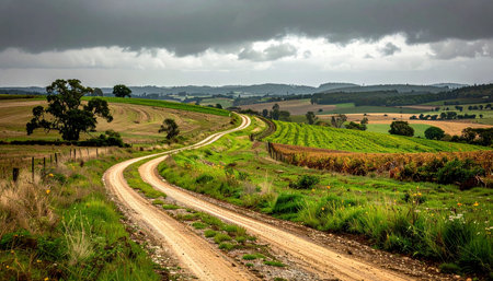 A winding dirt road carves a path through lush green rolling hills and patchwork farmland. Above, a dramatic, stormy sky adds a moody and atmospheric feel to the vast rural landscape, inviting a sense of journey and exploration into the unknown.の素材