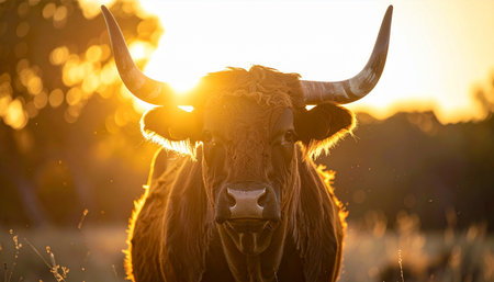A majestic Highland cow stands peacefully in a field, its shaggy coat and impressive horns silhouetted against the brilliant golden light of a setting sun. The warm, atmospheric glow creates a serene and powerful portrait of this iconic creature in its natural, rustic environment.の素材