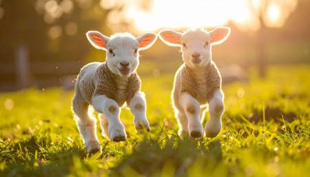 Two adorable baby lambs, bathed in the warm glow of a golden sunset, playfully run through a lush green meadow. This heartwarming scene captures the pure joy, innocence, and boundless energy of new life in a beautiful, idyllic countryside setting.の素材
