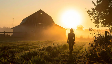 A lone woman walks through a misty field at the break of dawn, her silhouette framed by the golden light of the rising sun. The warm glow illuminates an old barn in the distance, creating a scene of peaceful solitude and hopeful new beginnings in the quiet countryside.の素材