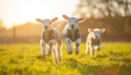 Three energetic young lambs leap with joy through a lush green meadow, their woolly coats illuminated by the warm, golden light of a beautiful sunset. This idyllic scene captures the pure innocence and boundless energy of new life in the springtime countryside.の素材