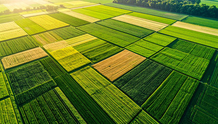 The morning sun casts a warm glow over a vast, orderly tapestry of agricultural fields. Each rectangular plot, a different shade of green and gold, represents a story of cultivation and growth, showcasing the harmony between human planning and natures abundance from a breathtaking aerial perspective.の素材