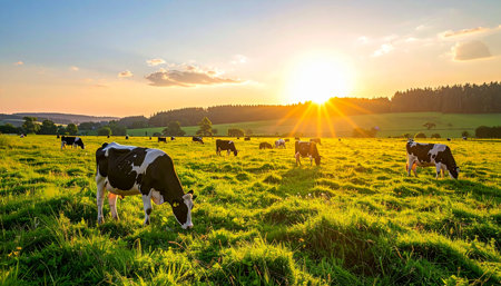 A herd of dairy cows grazes peacefully in a lush green pasture as the sun sets, casting a warm golden glow over the idyllic rural landscape. This tranquil scene captures the essence of sustainable farming and the simple beauty of country life.の素材
