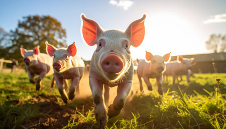 A curious piglet leads its siblings in a joyful race across a lush green pasture. Bathed in the warm glow of the morning sun, they run with pure energy and happiness, embodying a sense of freedom, innocence, and the simple pleasures of farm life.の素材