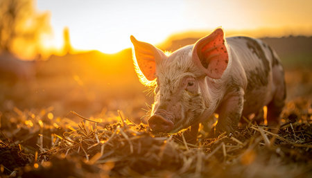 A curious young piglet explores a field of straw, its ears glowing in the warm, golden light of a beautiful sunset. This charming scene captures a moment of peaceful innocence and the simple beauty of life on a sustainable farm.の素材