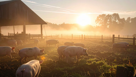 The first light of dawn breaks through the morning fog, illuminating a rustic farm scene. Pigs wander freely in the dewy pasture, a picture of calm and natural living in the countryside.の素材