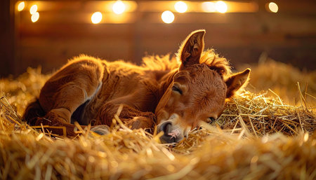 A newborn foal sleeps soundly on a soft bed of golden hay, bathed in the warm, gentle glow of stable lights. This peaceful scene captures the quiet innocence and tranquility of new life on the farm, a moment of pure contentment and safety.の素材