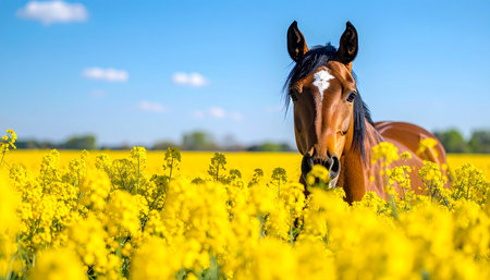 A beautiful brown horse with a white blaze stands peacefully in a vast, vibrant field of yellow rapeseed flowers under a clear blue sky. The warm sunlight illuminates the golden blossoms, creating an idyllic and serene countryside scene that evokes feelings of freedom and tranquility.の素材