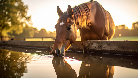 In the soft, warm glow of a golden hour sunrise, a beautiful brown horse quenches its thirst from a trough. Its reflection ripples in the calm water, creating a serene and peaceful moment of rural life.の素材