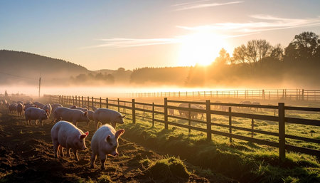 As the golden sun rises, it burns through the morning mist, casting long shadows across a tranquil pasture. A flock of sheep peacefully grazes, heralding the start of a new day in the serene and idyllic countryside, a perfect image of rural life.の素材