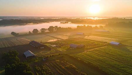 An ethereal aerial view captures the quiet magic of a new day beginning. Golden sunlight breaks through the horizon, illuminating a thick blanket of fog that settles over a tranquil rural valley, highlighting the silhouettes of barns and farm fields. This serene scene evokes a sense of peace, hope, and the simple beauty of the countryside waking up.の素材