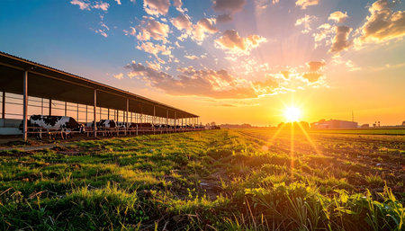 As the sun dips below the horizon, its golden rays illuminate a tranquil dairy farm. Cows rest peacefully in a modern, open-sided barn, while the vast green pasture glows in the warm light of the evening, symbolizing a sustainable and serene approach to agriculture.の素材