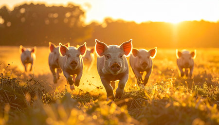 A joyful herd of young piglets charges through a grassy field, their ears catching the warm, golden light of the setting sun. This idyllic scene captures a moment of pure freedom, energy, and innocence in a beautiful rural setting, symbolizing happiness and new beginnings.の素材