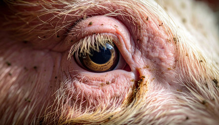 An extreme close-up reveals the intricate details of a pigs eye, from the delicate eyelashes to the textured skin. This intimate perspective offers a moment of connection, inviting contemplation on animal consciousness and life on the farm.の素材