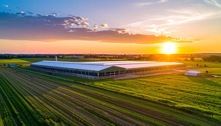 The sun sets over a state-of-the-art agricultural facility, casting a warm, golden light across fertile fields. This aerial perspective captures the intersection of modern technology and farming, symbolizing growth, efficiency, and the future of sustainable food production.の素材