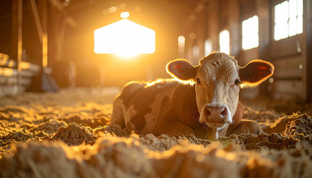 In the quiet of a rustic barn, a young calf is backlit by the golden hour sun, creating a halo of light. This tranquil image evokes feelings of peace, warmth, and the simple, wholesome beauty of rural farm life.の素材