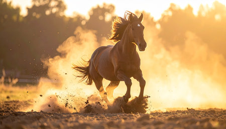 A powerful brown horse gallops with untamed energy across a dusty field, its form silhouetted against the warm, golden light of a dramatic sunset. Kicking up clouds of earth, this majestic creature embodies the spirit of freedom, strength, and wild, natural beauty.の素材