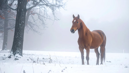 A majestic brown horse stands peacefully in a silent, snow-covered field, its form softened by the dense winter fog. This serene scene captures a moment of quiet solitude and natural beauty, perfect for themes of tranquility, resilience, and the peacefulness of nature.の素材