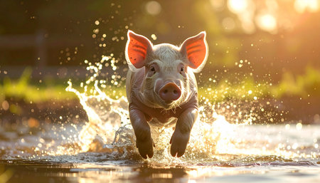 A happy young piglet experiences pure joy, running and splashing through a sun-drenched puddle at sunset. The warm, golden light captures a moment of playful freedom and innocence in the countryside.の素材