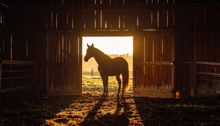 A lone horse stands silhouetted in the open doorway of a rustic wooden barn, bathed in the warm, golden light of the rising sun. This tranquil and atmospheric scene evokes a sense of peace, solitude, and the quiet promise of a new day beginning on the farm.の素材
