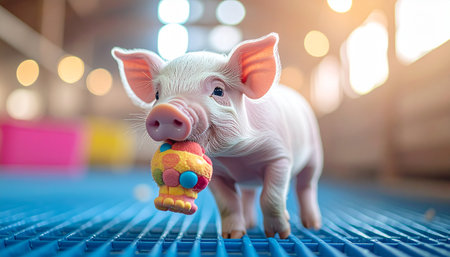A curious and playful little piglet stands on a clean blue floor, happily holding a colorful toy in its mouth. The warm, soft lighting of the modern farm facility highlights a scene of innocence, health, and positive animal welfare.の素材