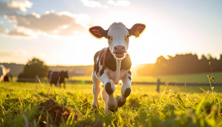 A curious and playful young calf runs through a lush green meadow, its face illuminated by the warm, golden light of a beautiful sunset. This idyllic scene captures the innocence and joy of new life in a peaceful countryside setting, evoking feelings of freedom and natural harmony.の素材
