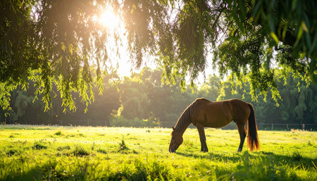 A lone horse grazes peacefully in a lush green meadow as the first rays of morning sun filter through the leaves of an old willow tree. The tranquil scene evokes a sense of calm, serenity, and the simple beauty of a new day in the countryside.の素材