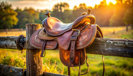 As the golden sun sets over the ranch, a well-used leather saddle rests on the wooden fence, a silent testament to a day of riding. The warm light highlights the rich patina of the leather, symbolizing the end of a long day and the quiet peace of country life.の素材