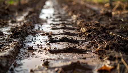 A detailed, low-angle view captures the aftermath of an off-road journey. A deep tire track carves through the wet, rich mud, its grooves filled with reflective water, hinting at the challenging adventure that just passed through this rugged landscape.の素材