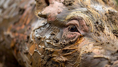An extreme close-up captures the intense and ancient gaze of a rhinoceros. Its eye, a window to a primal soul, peers through a thick, protective layer of caked mud, showcasing the raw texture and resilience of one of natures most powerful creatures.の素材