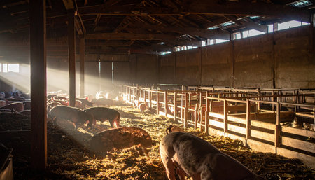 Golden morning sunbeams slice through the dusty air of a rustic barn, illuminating a group of pigs in their pens. The dramatic light creates a serene yet authentic atmosphere, capturing a quiet moment of daily life on a traditional farm.の素材