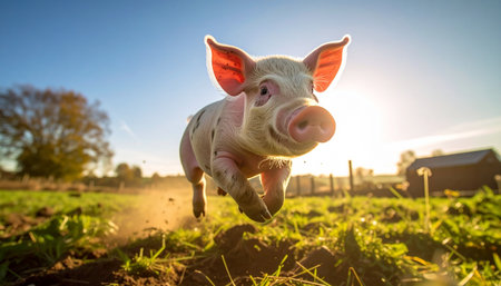 A happy young piglet joyfully runs through a lush green field, its ears glowing in the warm light of the setting sun. This image captures a moment of pure, unbridled freedom and the simple pleasures of farm life.の素材