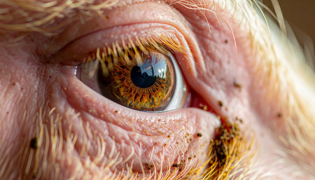 An extreme close-up reveals the intricate detail and soulful depth of a pigs eye. The amber iris, framed by coarse lashes and weathered skin, offers a powerful, intimate glimpse into the life and awareness of a farm animal, prompting reflection on sentience and our connection to nature.の素材