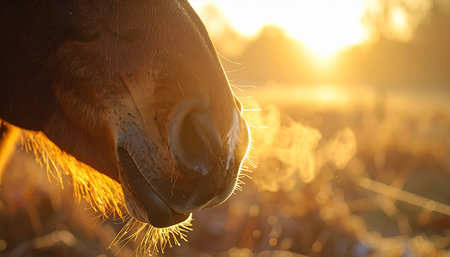 In the quiet stillness of a frosty morning, a horse takes a deep breath. The cold air transforms its warm exhalation into a visible cloud of steam, beautifully illuminated by the golden rays of the rising sun. This intimate close-up captures a serene and peaceful moment in nature.の素材