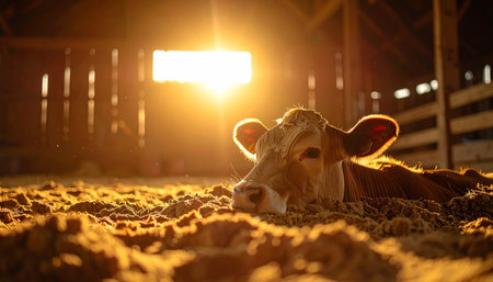 A young calf enjoys a moment of peace and quiet as the first rays of morning sun stream into the rustic barn, filling the space with a warm, golden glow. The scene evokes feelings of tranquility, new beginnings, and the simple beauty of farm life.の素材