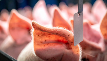 In a sea of pink, a single ear tag marks one pig among many, a symbol of modern industrial agriculture and the complex journey from farm to table. The shallow focus highlights the system of identification within large-scale livestock management.の素材