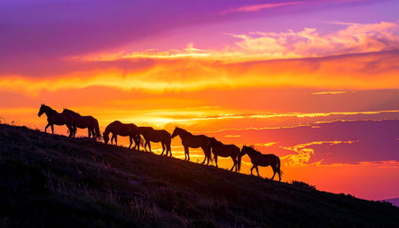 A herd of majestic horses is silhouetted against a breathtakingly vibrant sunset. As they walk in unison along a high ridge, their dark forms create a powerful contrast with the fiery orange and deep purple sky, symbolizing a journey, freedom, and the untamed beauty of the natural world.の素材
