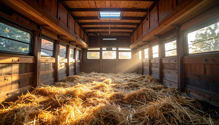Golden morning sunlight streams through the windows of a rustic wooden horse trailer, illuminating dust motes in the air. A thick bed of fresh hay covers the floor, creating a warm, quiet, and expectant atmosphere, ready for a journey.の素材
