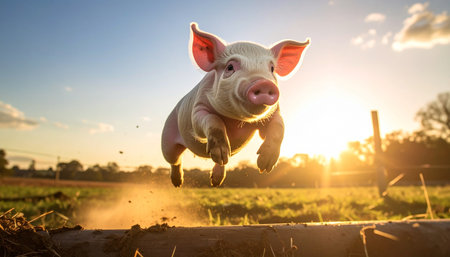 An energetic young piglet leaps into the air, captured mid-flight against the warm, golden glow of a rising sun. This image evokes feelings of pure joy, freedom, and optimism, symbolizing new beginnings and the achievement of the seemingly impossible.の素材