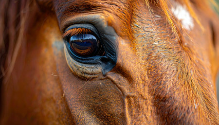 A detailed macro shot capturing the profound and soulful eye of a chestnut horse. The reflection in its dark pupil hints at a world of quiet wisdom, gentleness, and a deep, unspoken connection between animal and nature.の素材